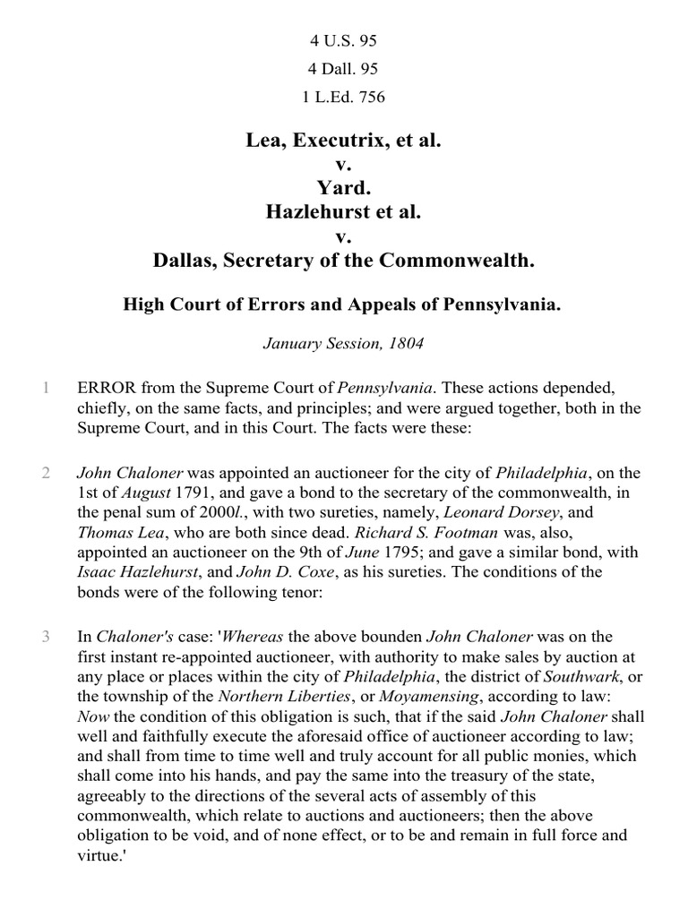 Lea v. Yard. Hazlehurst v. Dallas, Secretary of The Commonwealth, 4 U.S