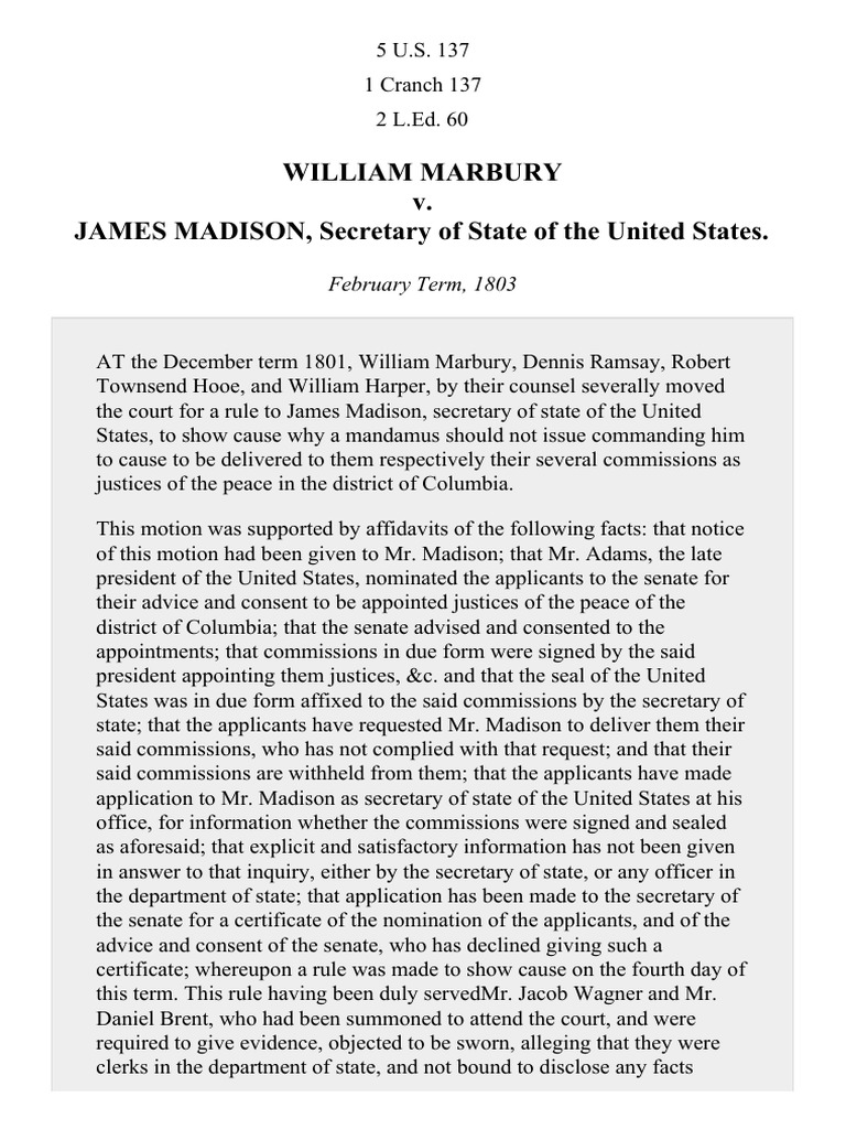Marbury v. Madison, 5 U.S. 137 (1803) United States Constitution