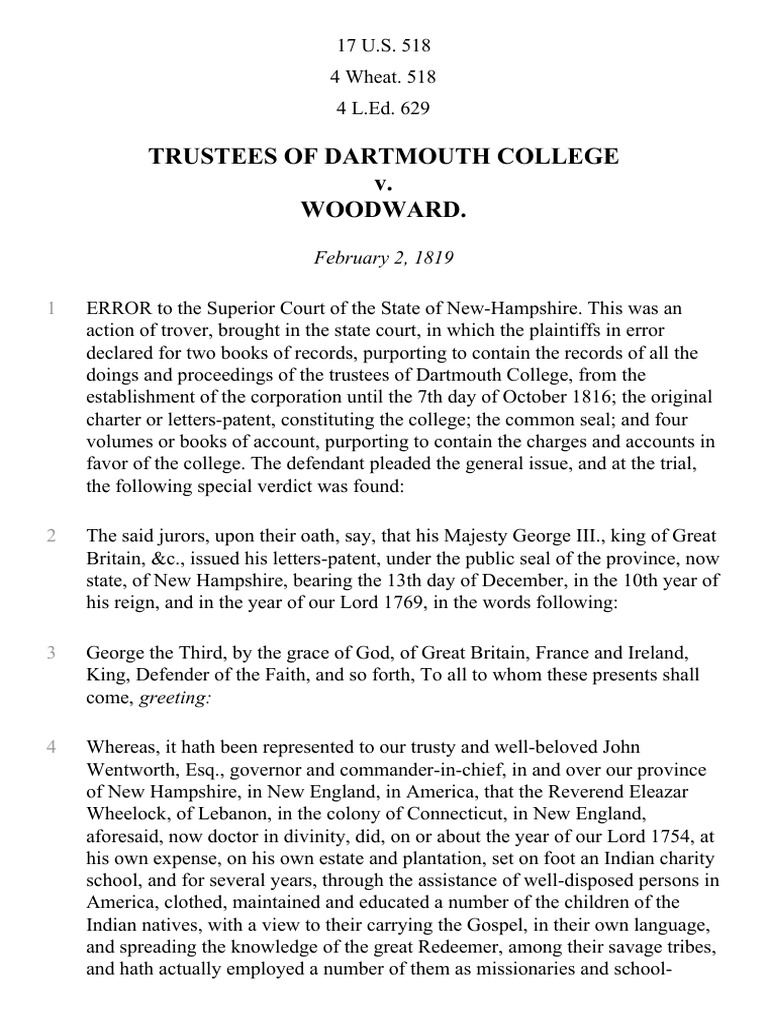 Dartmouth College v. Woodward, 17 U.S. 250 (1819) Download Free PDF