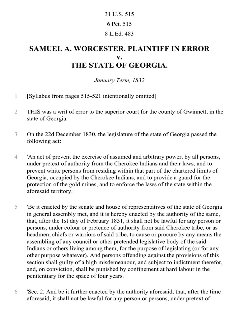 Worcester V Georgia Case Summary – DCZCWE