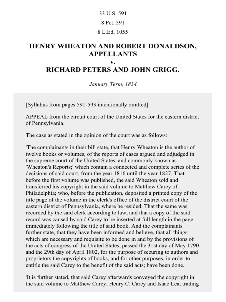 Wheaton and Donaldson v. Peters and Grigg, 33 U.S. 591 (1834) PDF