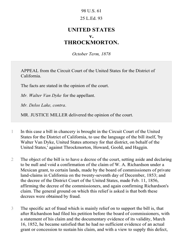 United States v. Throckmorton, 98 U.S. 61 (1878) Download Free PDF