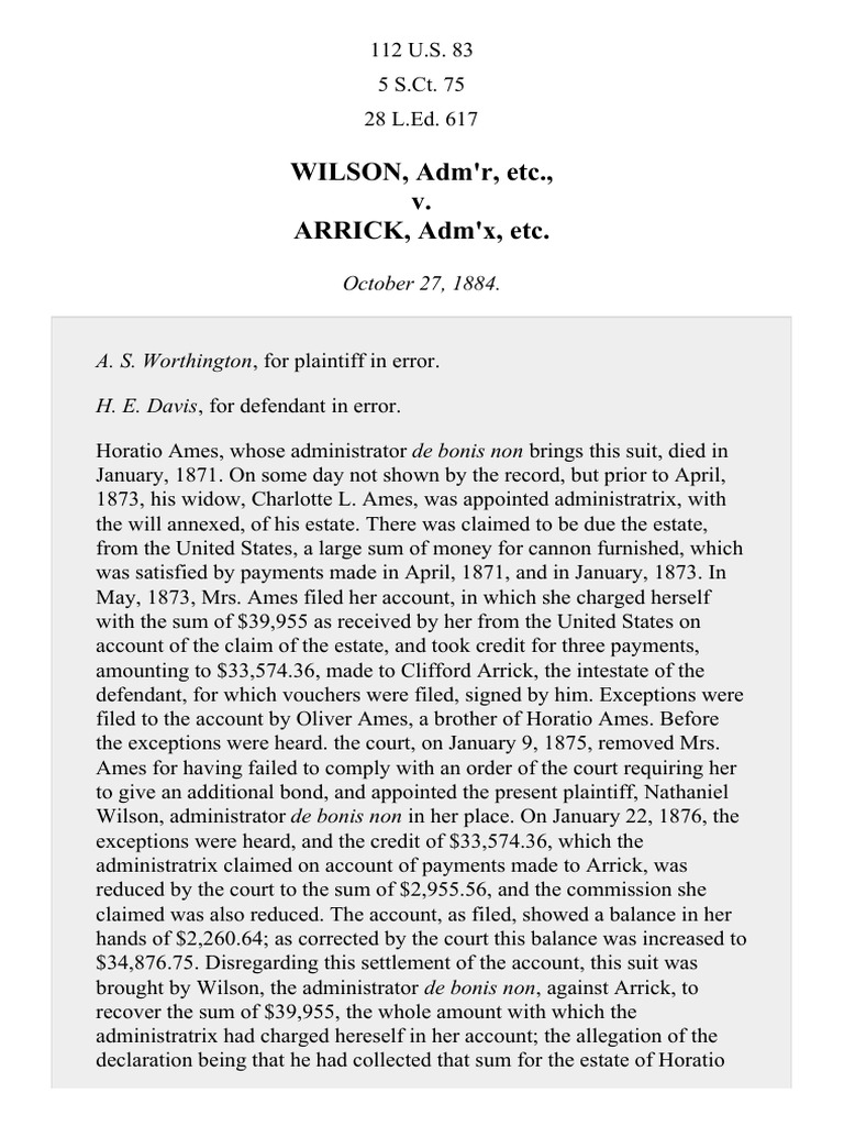 Wilson v. Arrick, 112 U.S. 83 (1884) Lawsuit Public Law