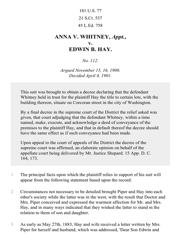 Whitney v. Hay, 181 U.S. 77 (1901) PDF Equity (Law) Lawsuit