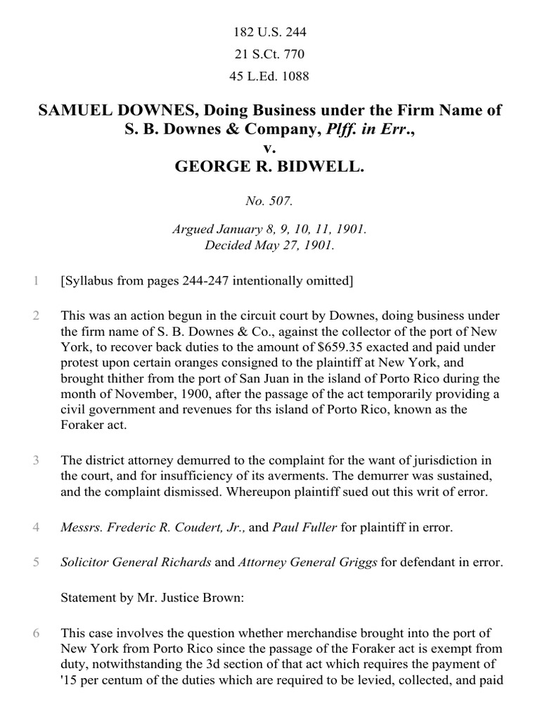 Downes v. Bidwell, 182 U.S. 244 (1901) Download Free PDF United