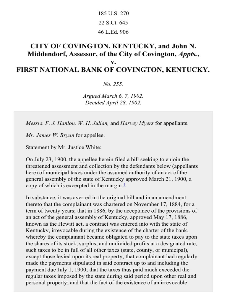 City of Covington, Kentucky, and John N. Middendorf, Assessor, of The