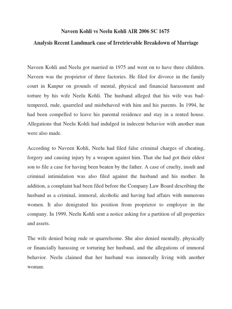 Naveen Kohli Vs Neelu Kohli Pdf Divorce Marriage