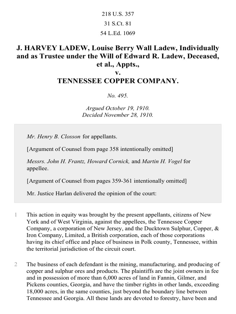 Ladew v. Tennessee Copper Co., 218 U.S. 357 (1910) PDF Virginia