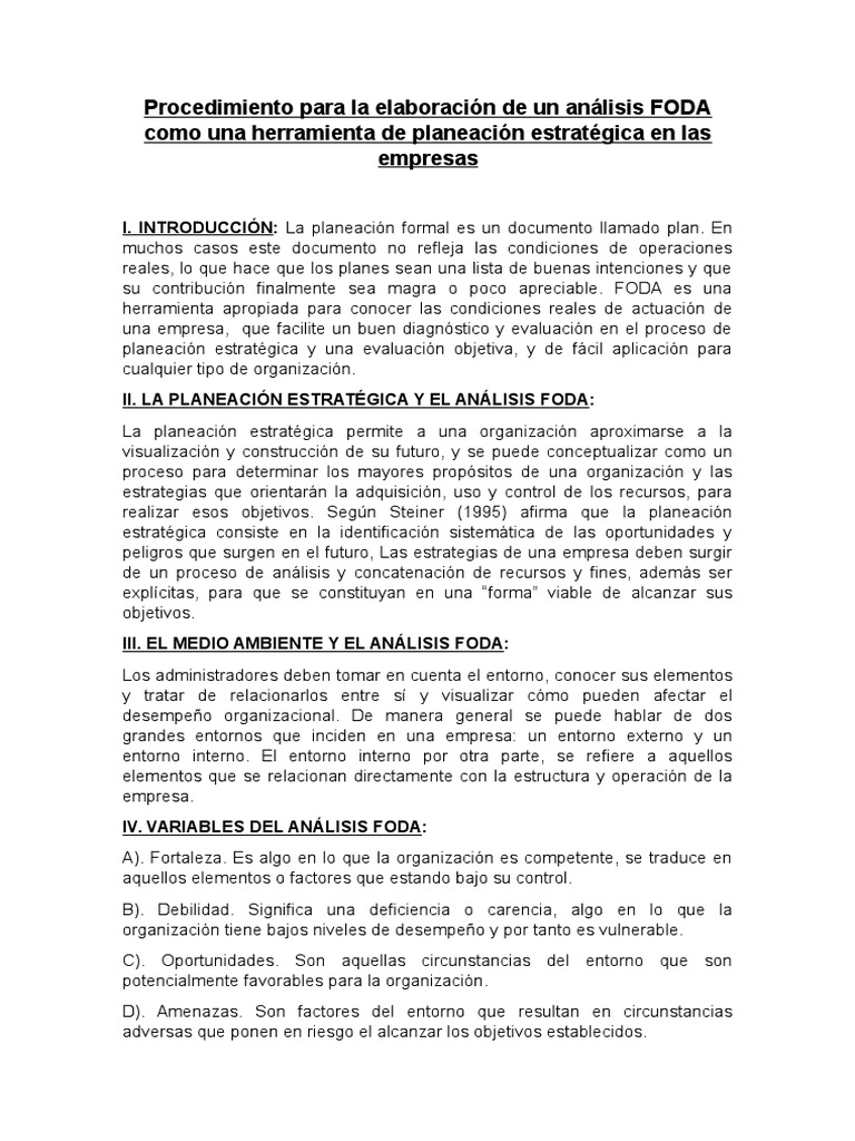 Procedimiento para La Elaboración de Un Análisis FODA Como Una ...