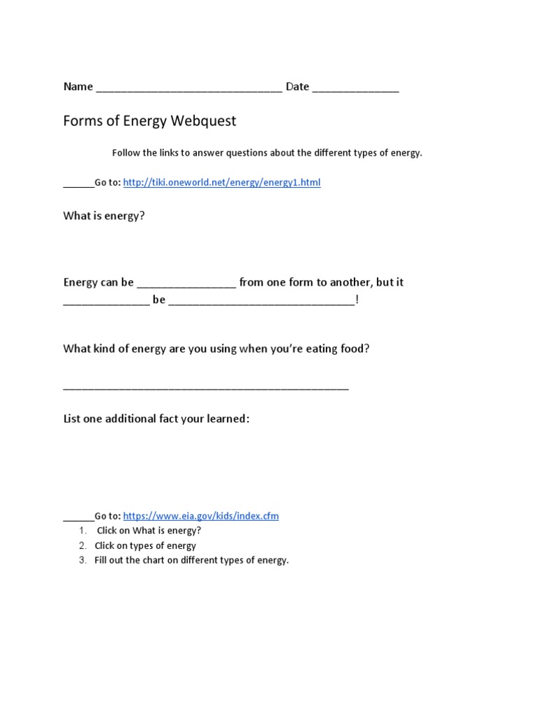 Forms of Energy quest Follow The Links To Answer Questions About
