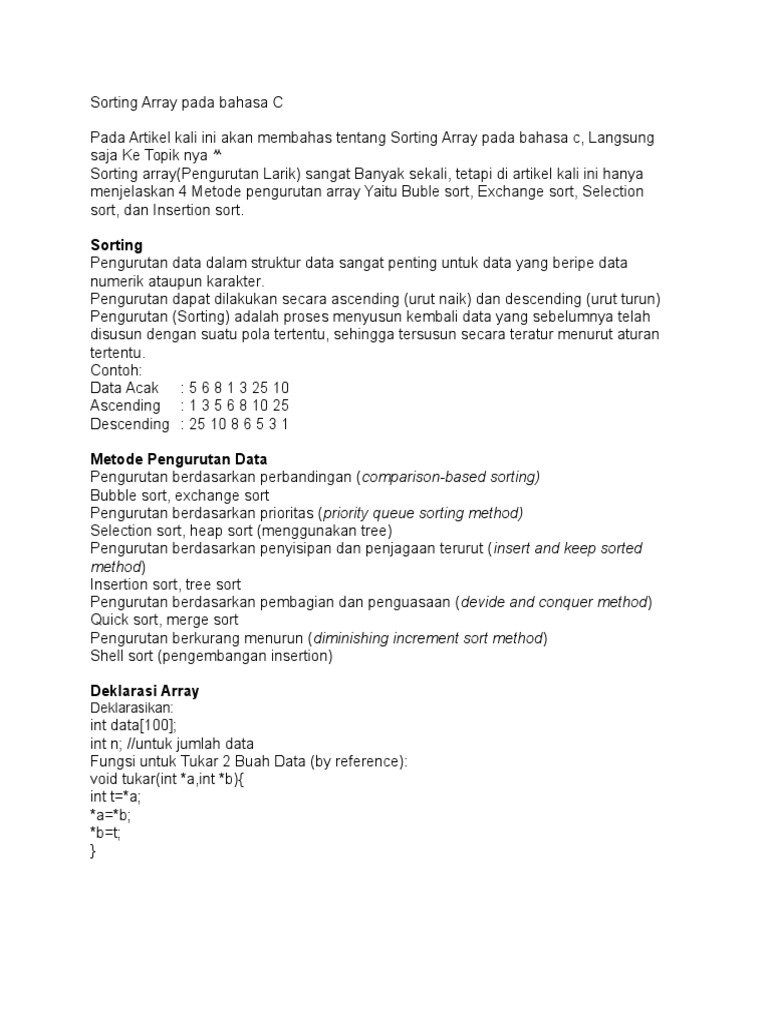 Metode Sorting Array dalam C | PDF