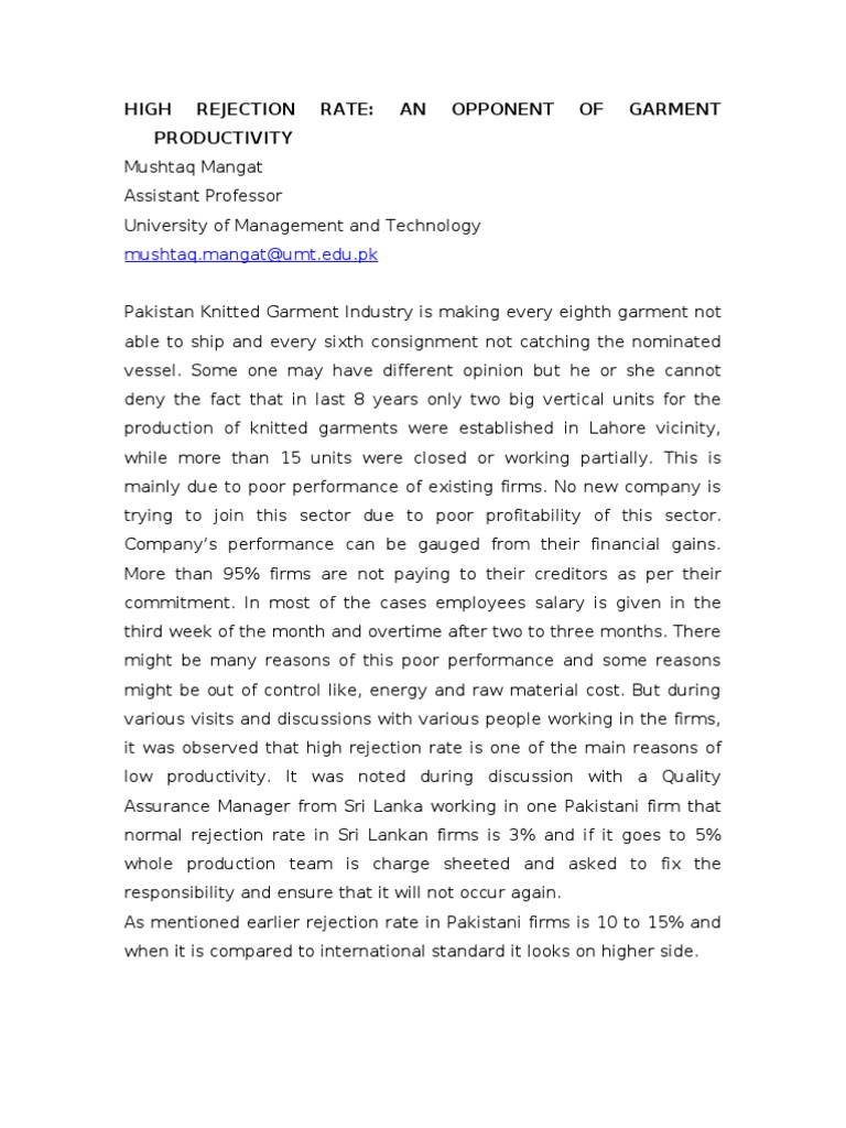 Reducing High Rejection Rates in Garment Production | PDF | Knitting | Yarn