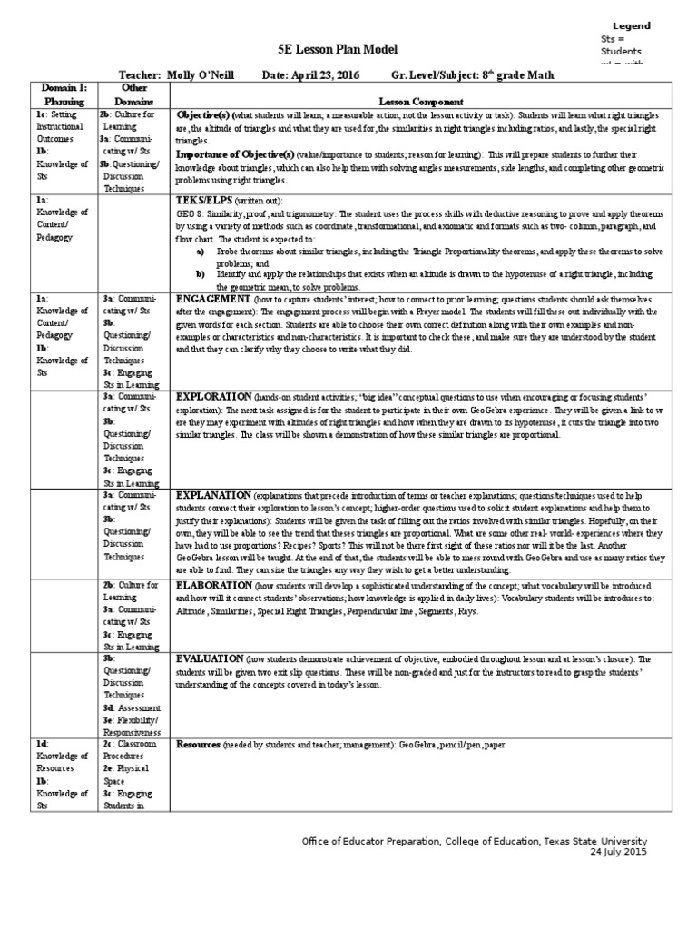 5e lesson plan format Triangle Lesson Plan