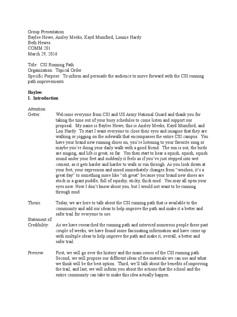 Group Speech Outline Draft | PDF | Trail | Walking
