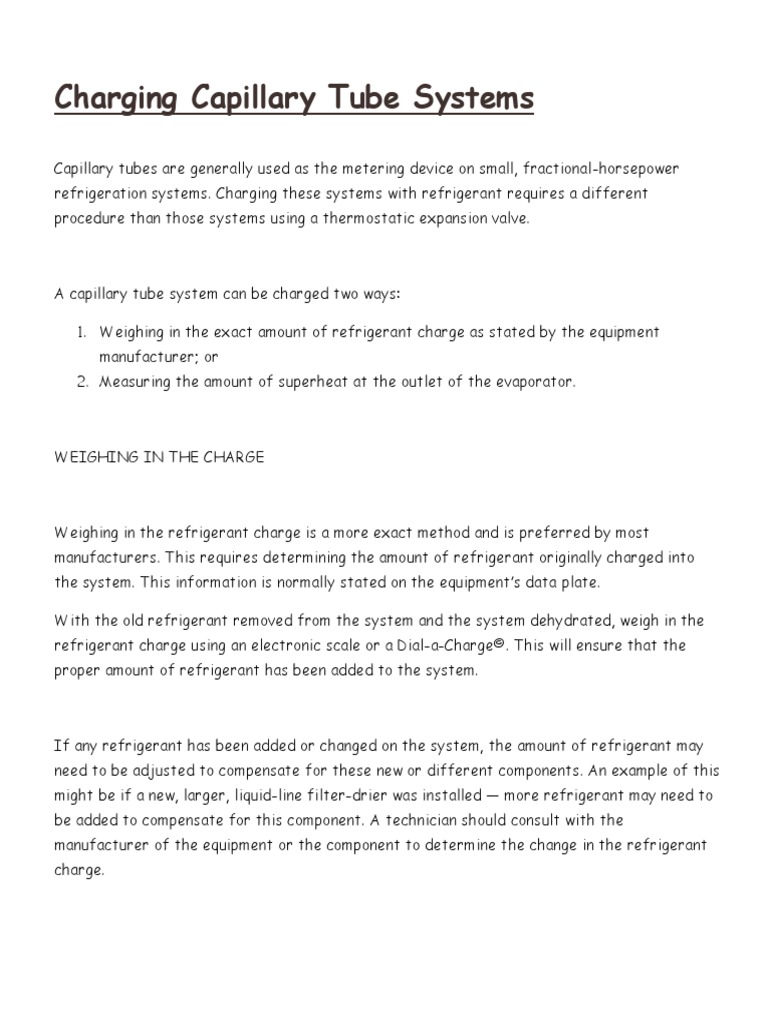 Charging Capillary Tube Systems PDF Equipment Home Appliance