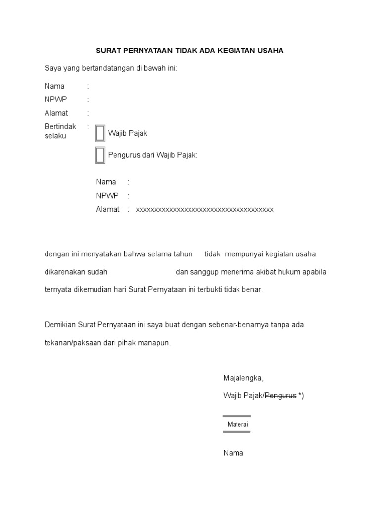 Surat Pernyataan Tidak Ada Kegiatan Usaha Pdf