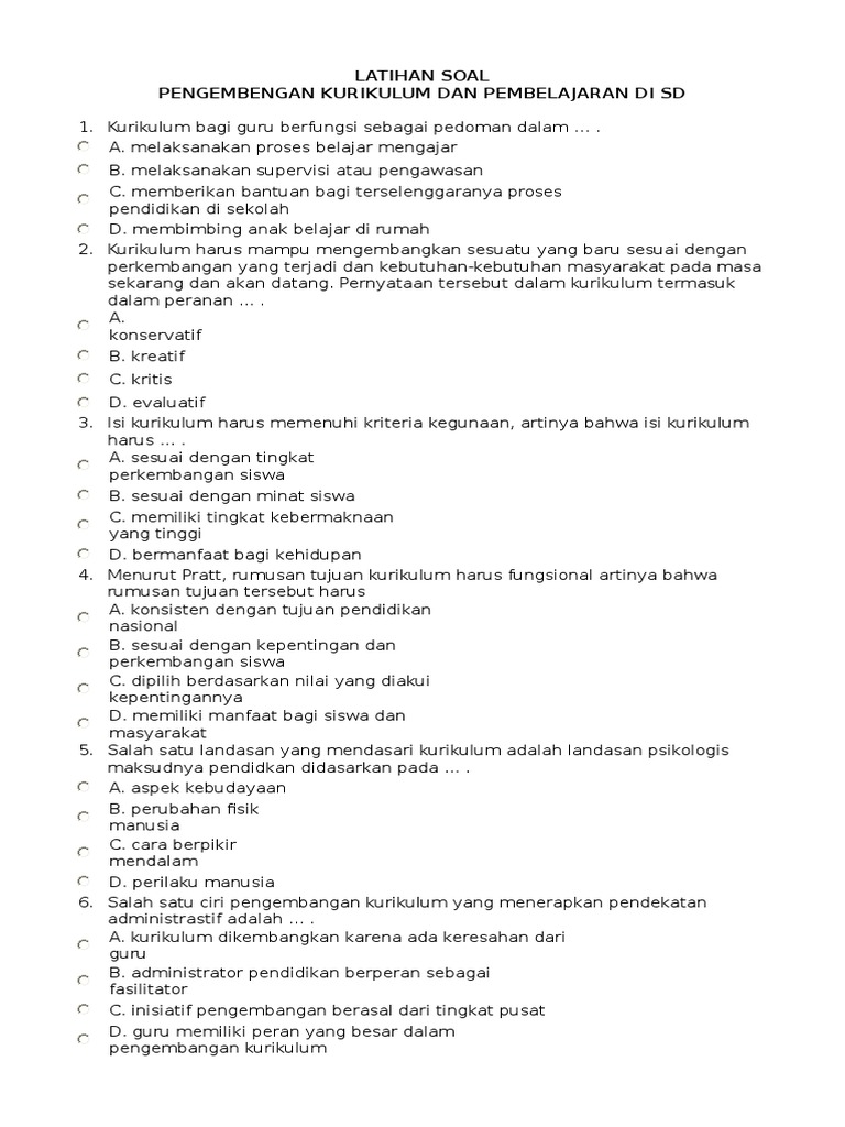Latihan Soal Pengembangan Kurikulum Dan Pembelajaran Di Sd
