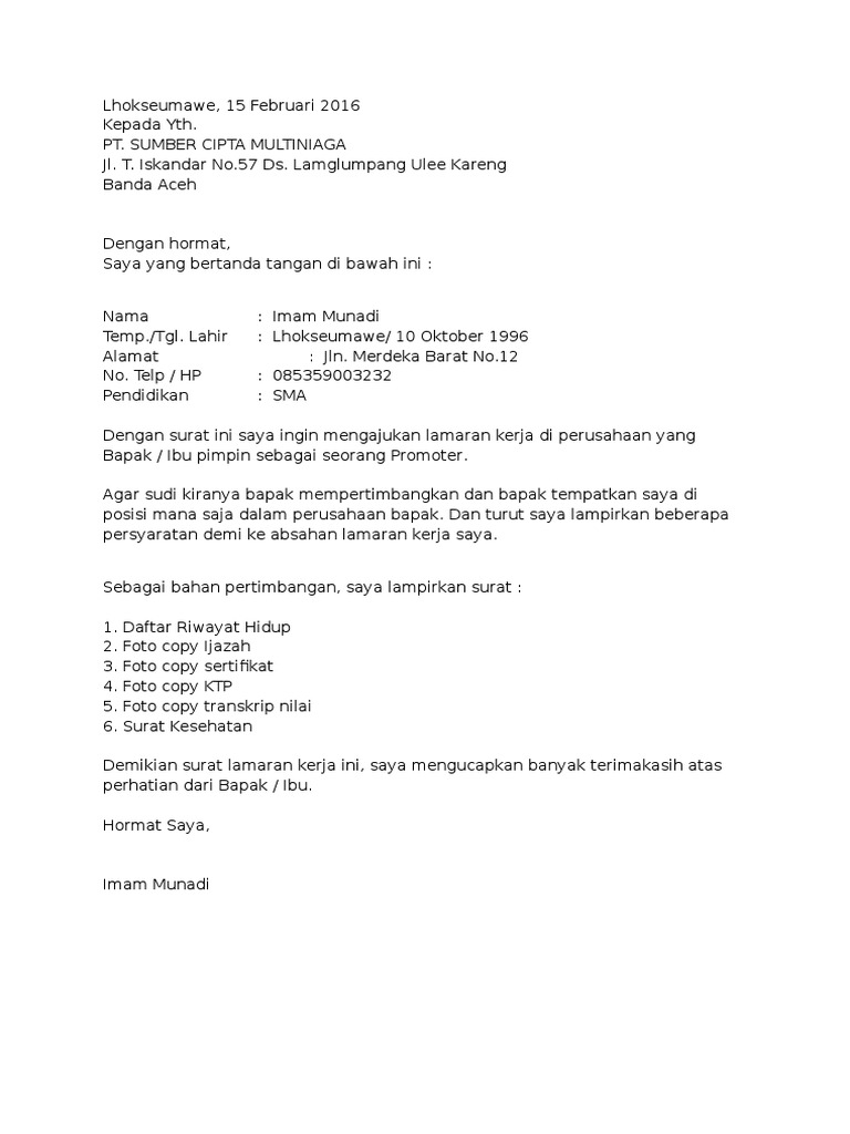 Contoh Surat Lamaran Kerja Bahasa Indonesia Imam