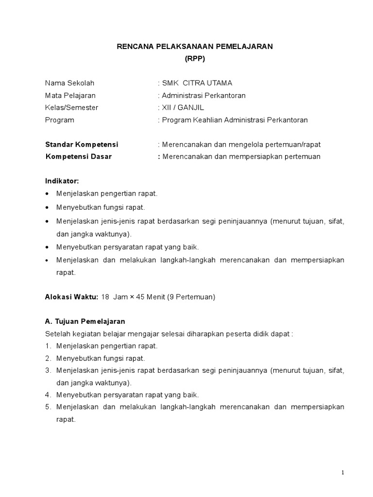 Rpp Merencanakan Dan Mengelola Pertemuan Rapat Doc