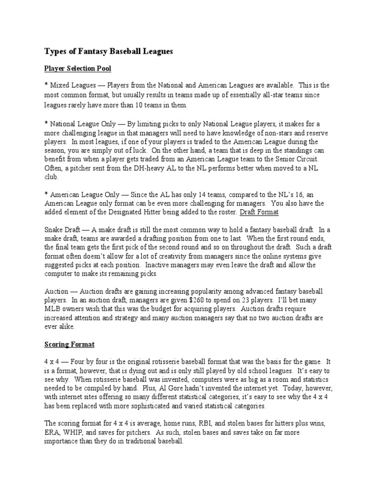 Fantasy Baseball League Formats | PDF | Summer Sports | Athletic Sports