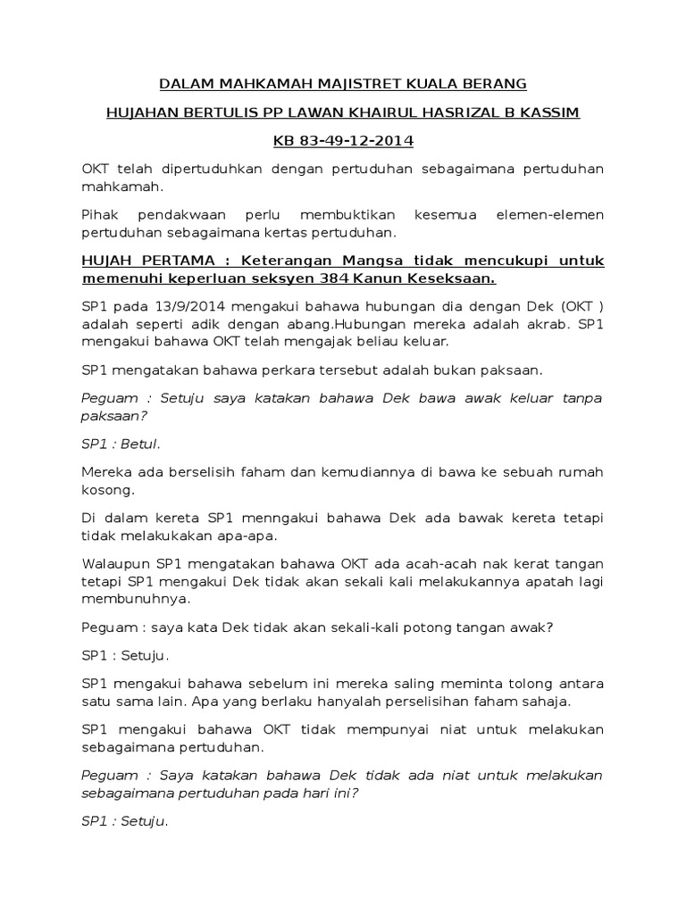 Contoh Hujahan Bertulis Peguam Kes Jenayah Pdf
