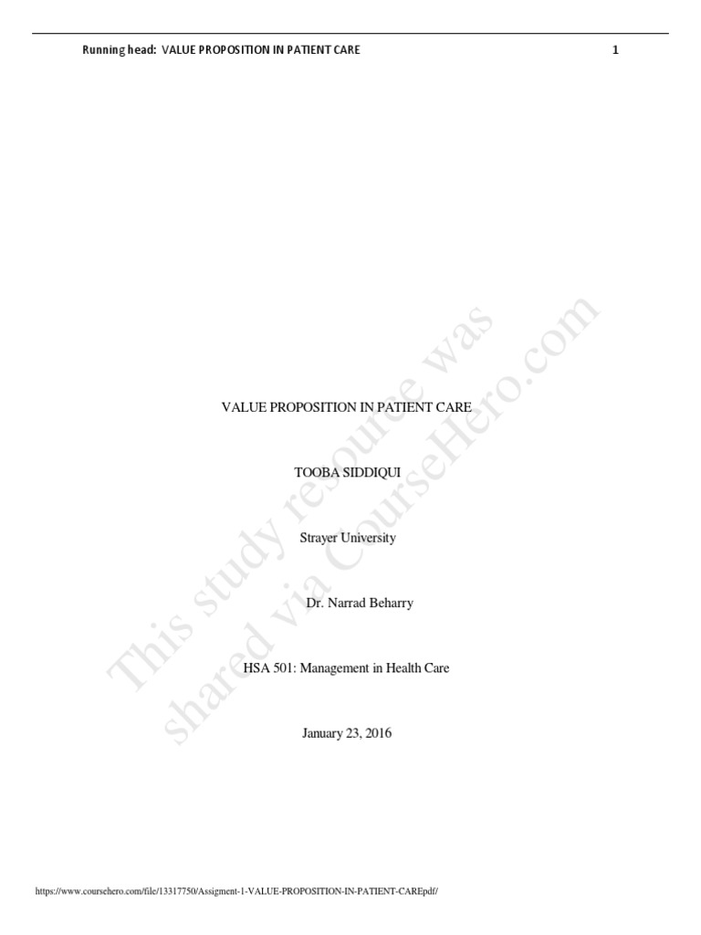 Assigment 1 Value Proposition in Patient Care PDF Patient Health Care