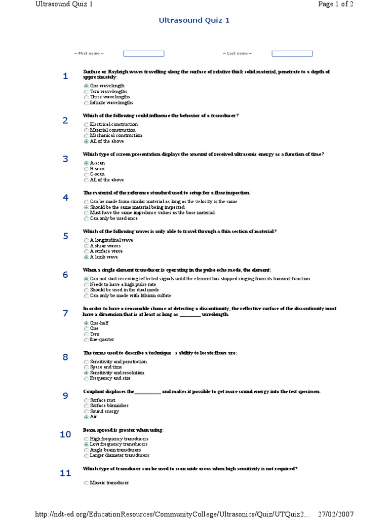 Ultrasonic Testing Quiz Ultrasound Optics