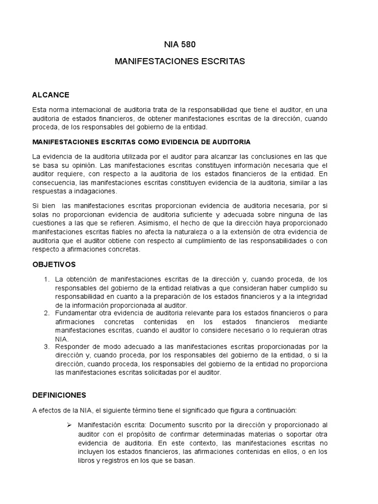 Auditora Financiera NIA 580 | PDF | Contralor | Auditoría financiera