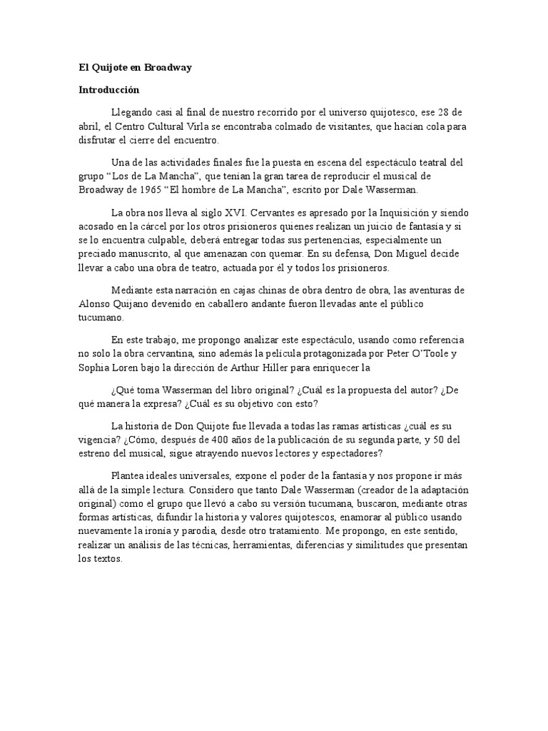 El Quijote en Broadway: Análisis Teatral | PDF | Don Quijote | Miguel ...