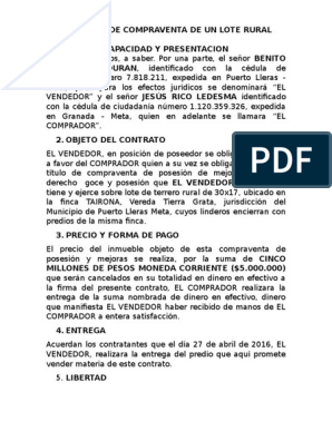 Contrato de Compraventa de Un Lote Rural | PDF | Derecho contractual | Ley  de obligaciones