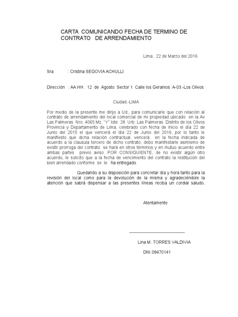 Carta Para Poner Fin Contrato de Arrendamiento