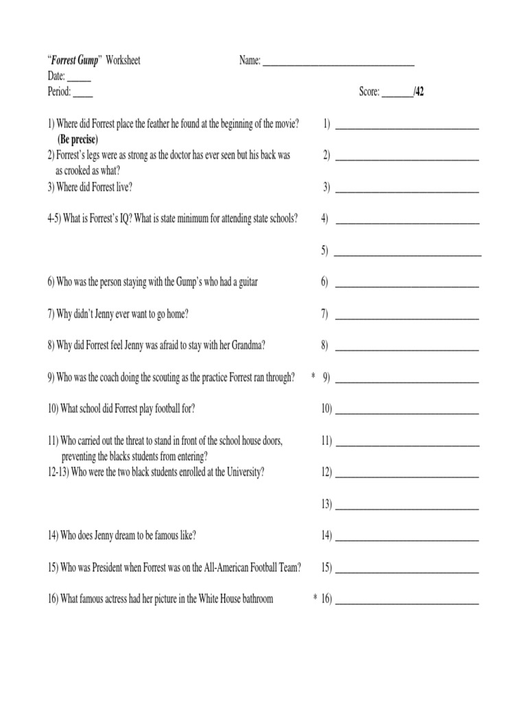Worksheets Forrest Gump Worksheet forrest gump movie worksheet violence leisure