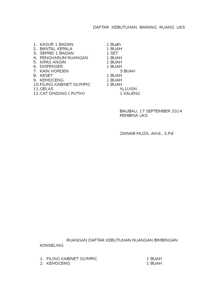 Contoh Daftar Kebutuhan Barang Ruang Uks Contoh Daftar Kebutuhan Barang Ruang Uks