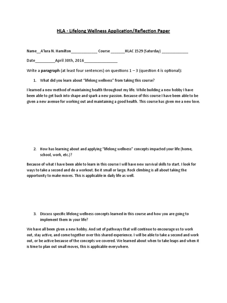 Lifelong Wellness Course Reflection | PDF