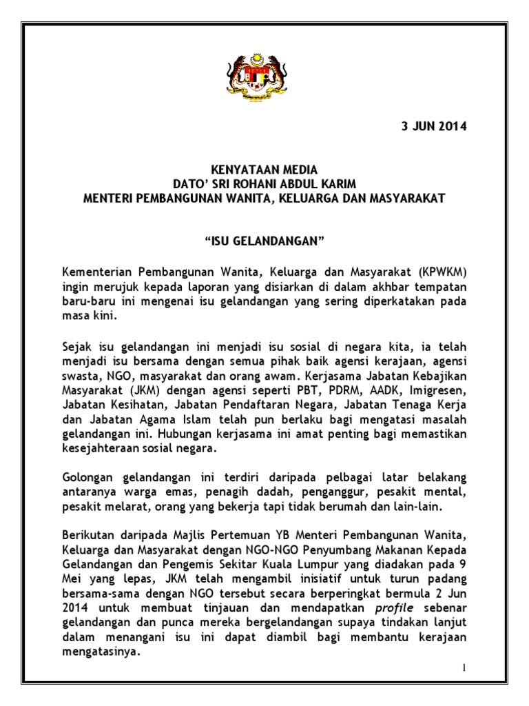 Kenyataan Media Kpwkm Isu Gelandangan 4 Jun Pdf