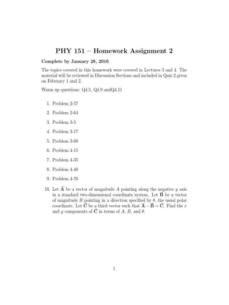 PHY 151 Homework Assignment 2 | PDF