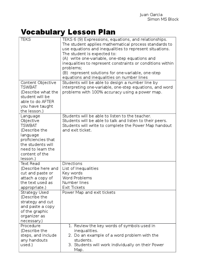 Vocabulary Plan 2 | PDF | Vocabulary | Inequality (Mathematics)