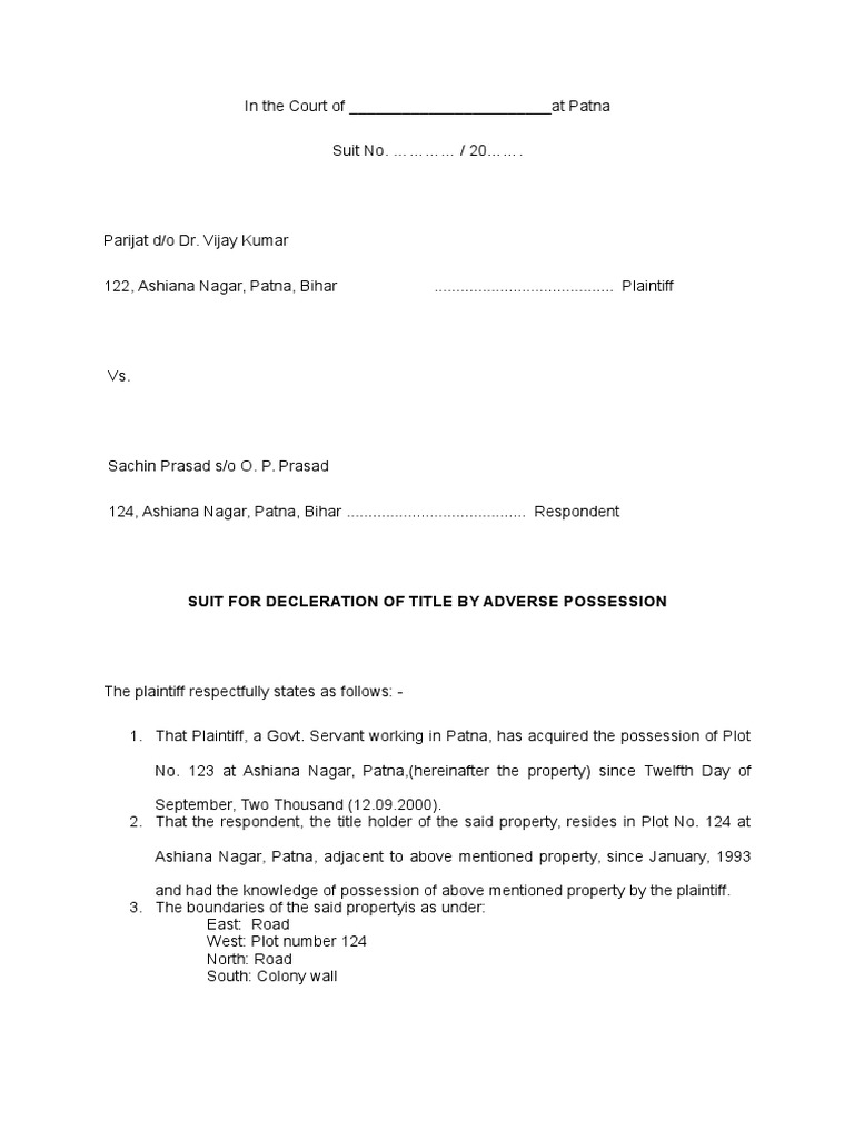 Suit For Adverse Possession PDF
