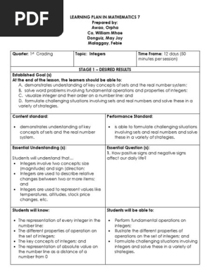 Learning Plan - Integers