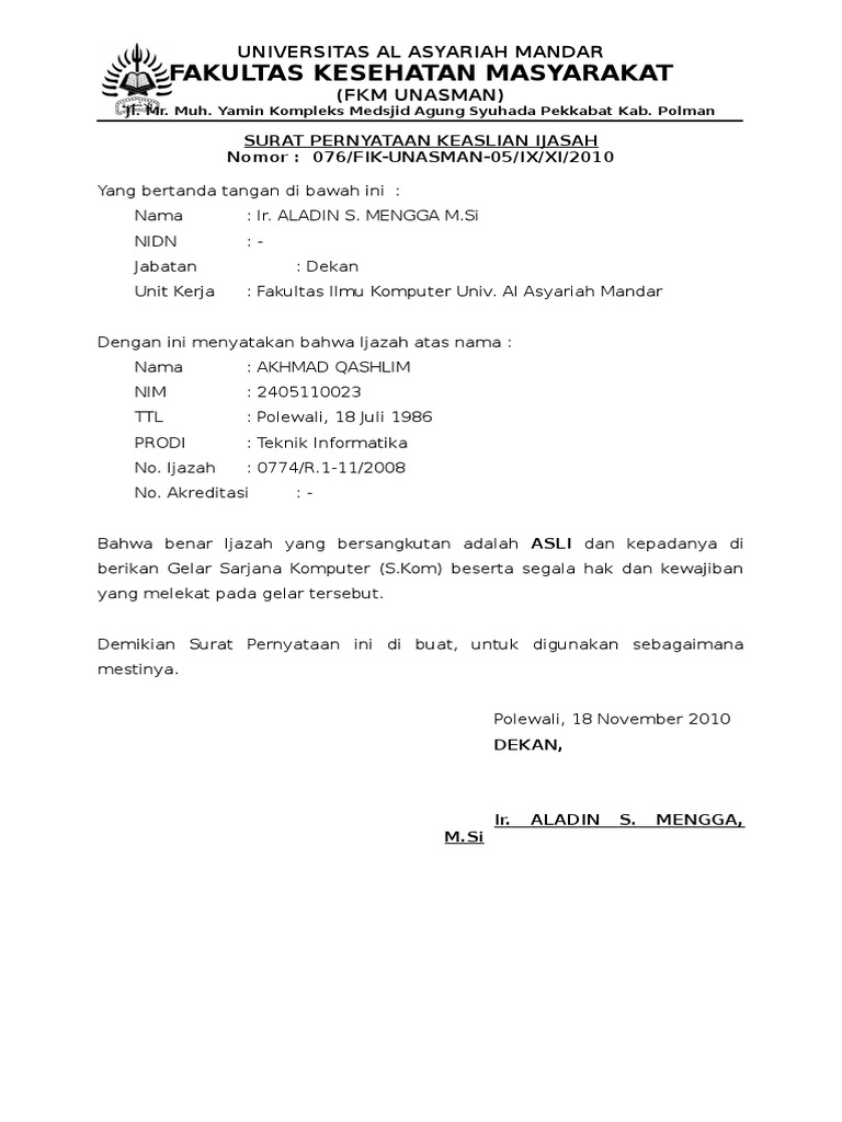 Surat Pernyataan Keaslian Ijasah Pdf