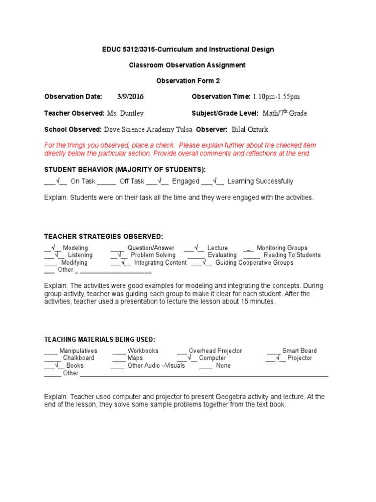 Classroom Observation Assignment-Form 2 Project 4 | PDF | Lecture ...