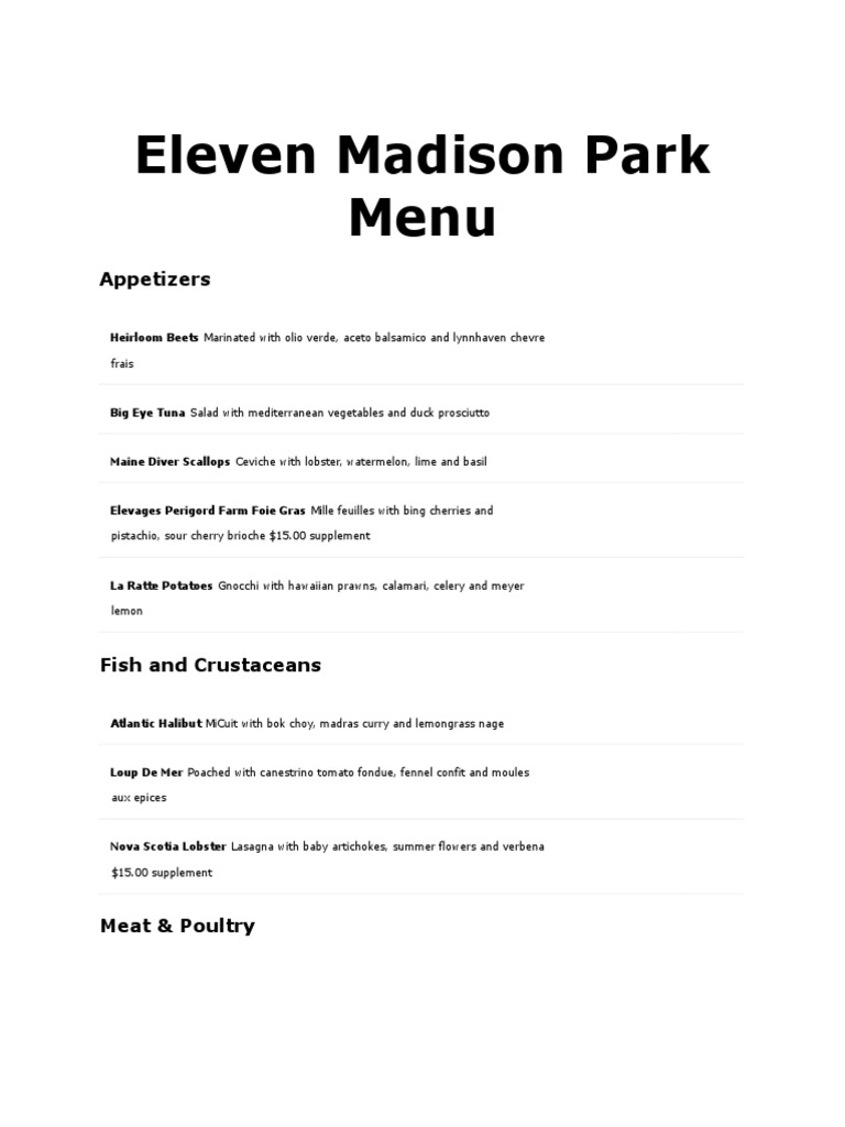 Eleven Madison Park Menu PDF Hors D'oeuvre Foods