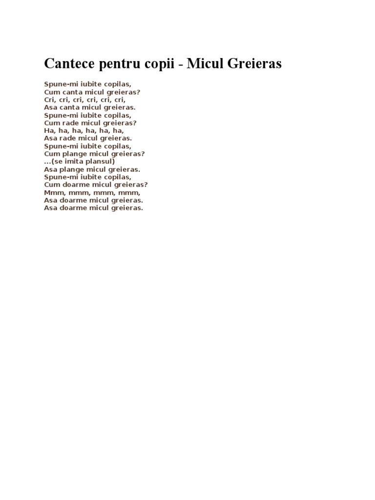 Cantece Pentru Copii - Micul Greieras | PDF
