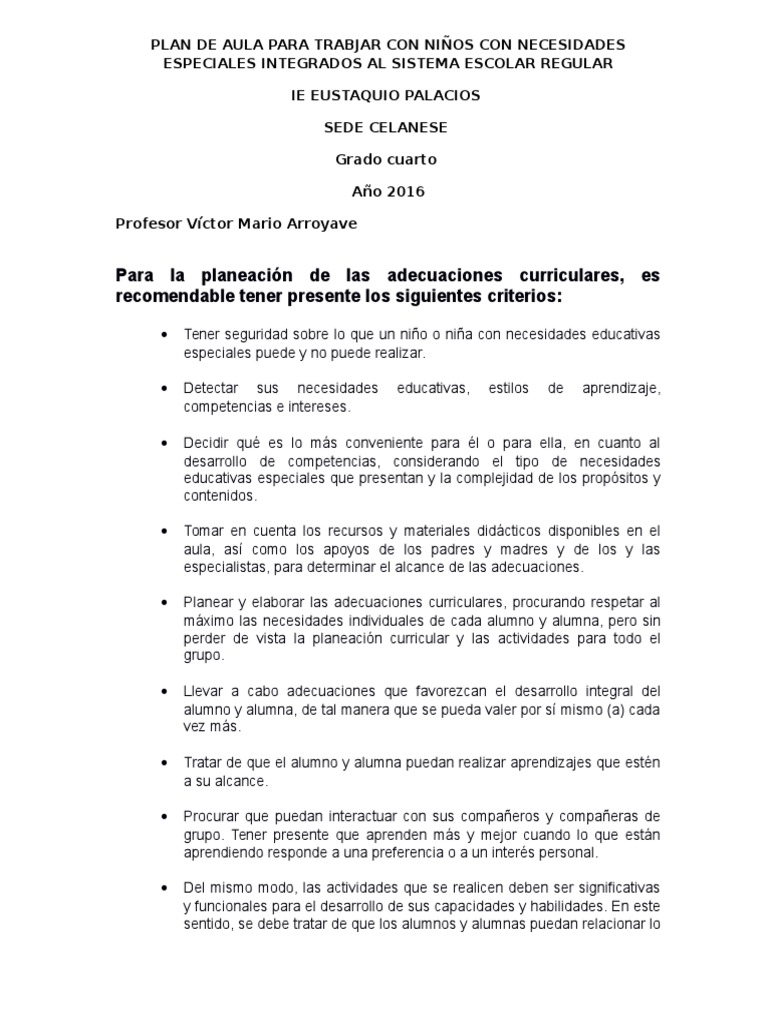 Plan de Aula para Niños con NEE | PDF | Evaluación | Maestros