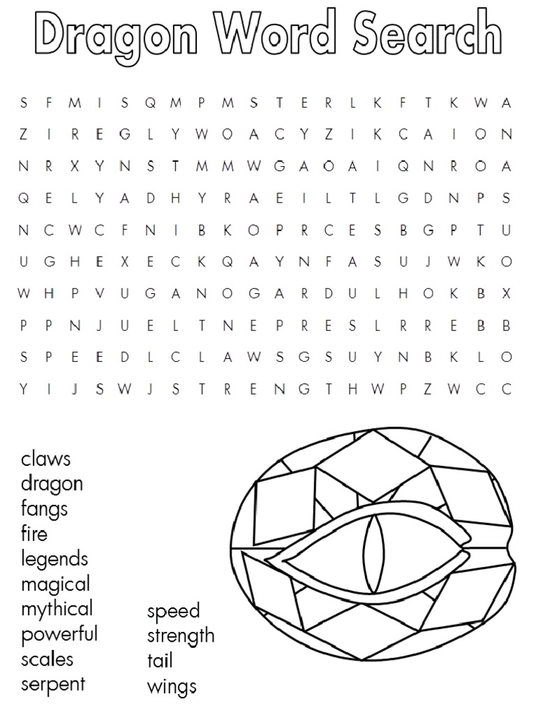 Dragon Fantasy Word Search Puzzle Worksheet PDF