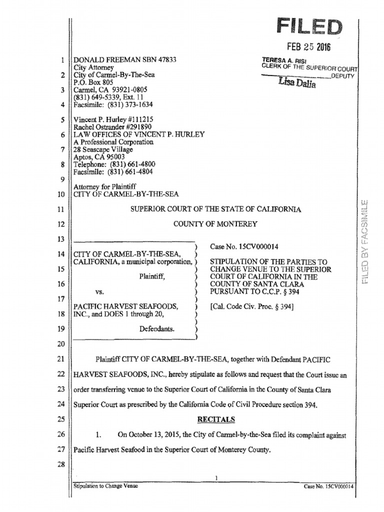 Stipulation to Change Venue in CA | PDF | Fax | Plaintiff