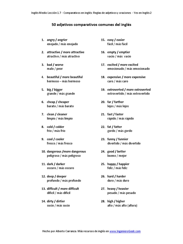 Lista de 50 Adjetivos Comparativos en