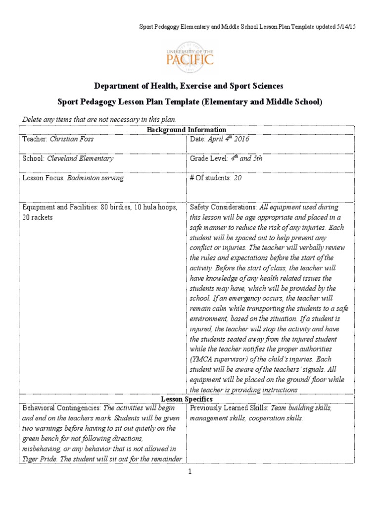 badminton day 1 lesson plan Lesson Plan Teachers