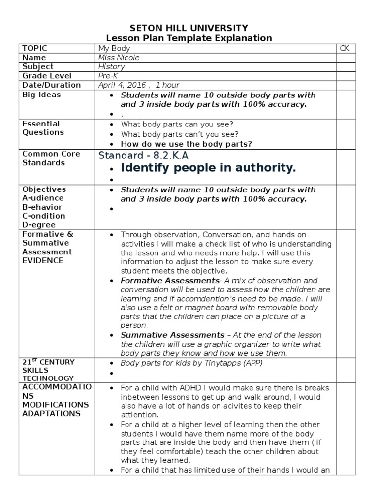 My Body Lesson Plan Educational Psychology Behavior Modification