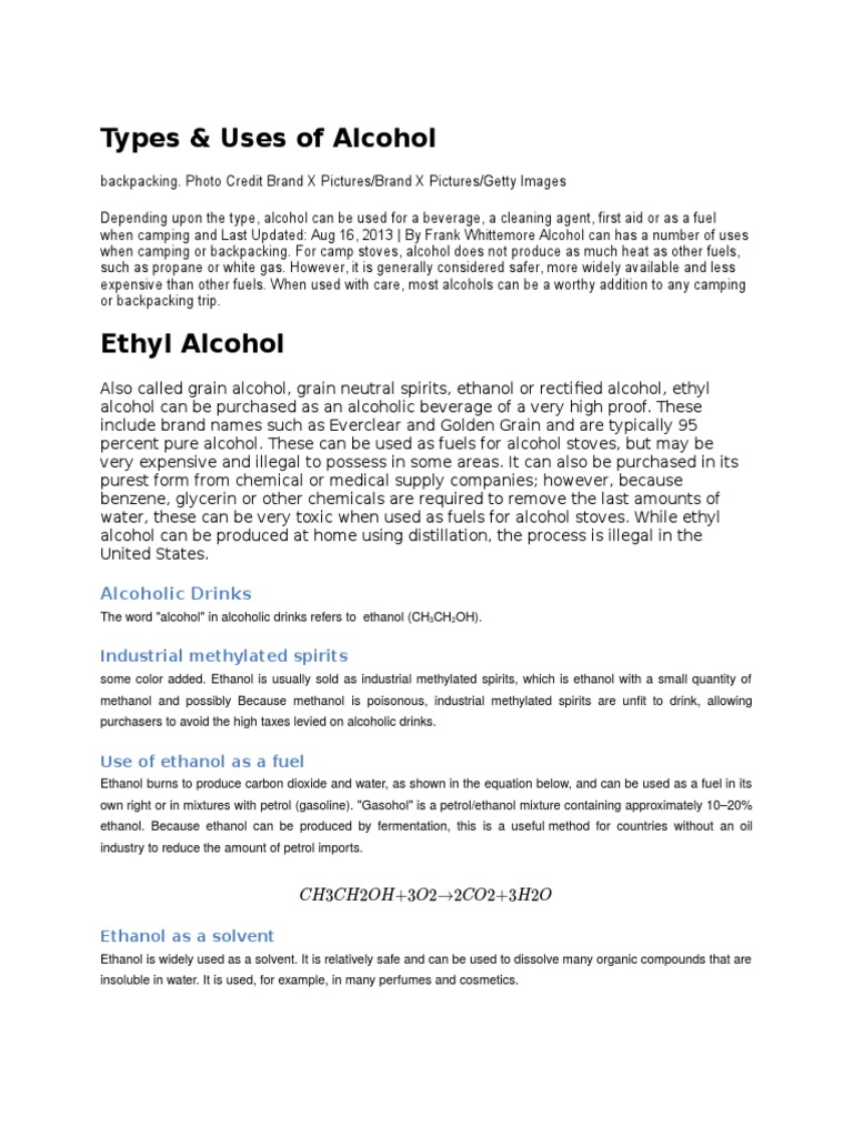 Types & Uses of Alcohol Alcoholic Drinks PDF Ethanol Methanol